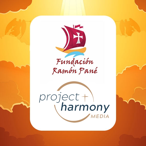 The Ramon Pane and Project Harmony Media logos on a background of layers of warm, orange clouds.