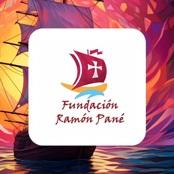 Ramon Pane Foundation Logo in front of a large wooden sailboat on the ocean.