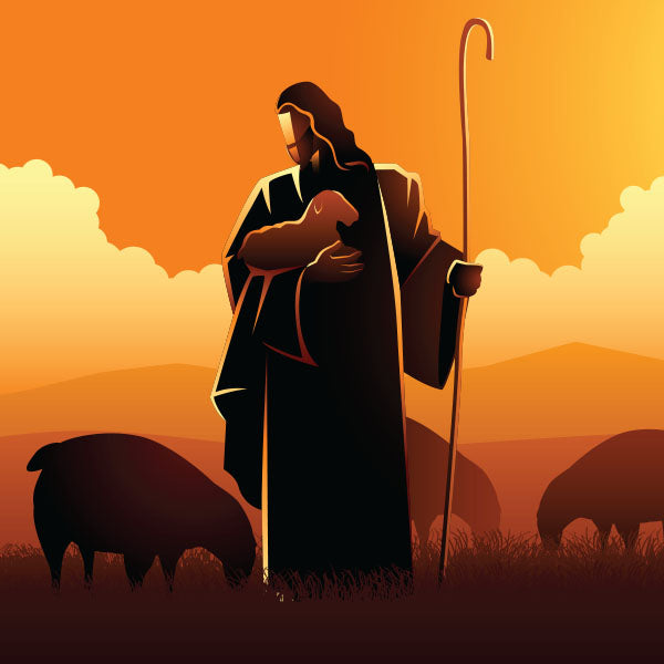 Jesus, the Good Shepherd, holding a lamb amidst a group of sheep in a field with a warm background.